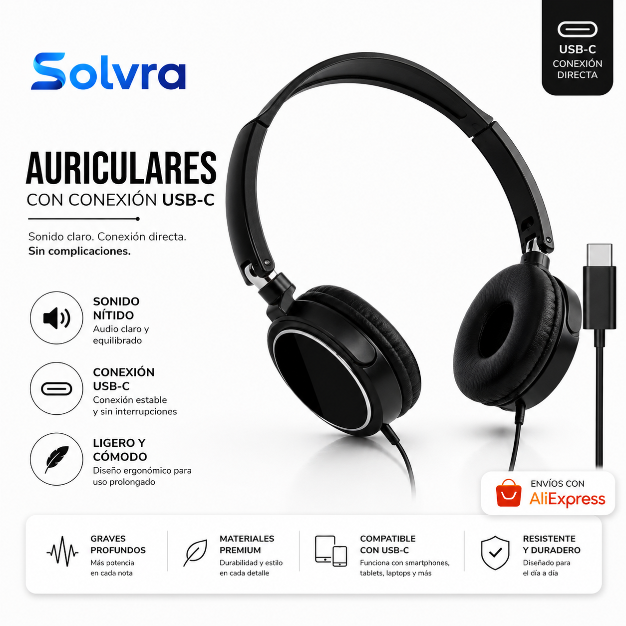 Auriculares USB-C Solvra – Sonido Premium, Comodidad Total y Conexión Sin Límites