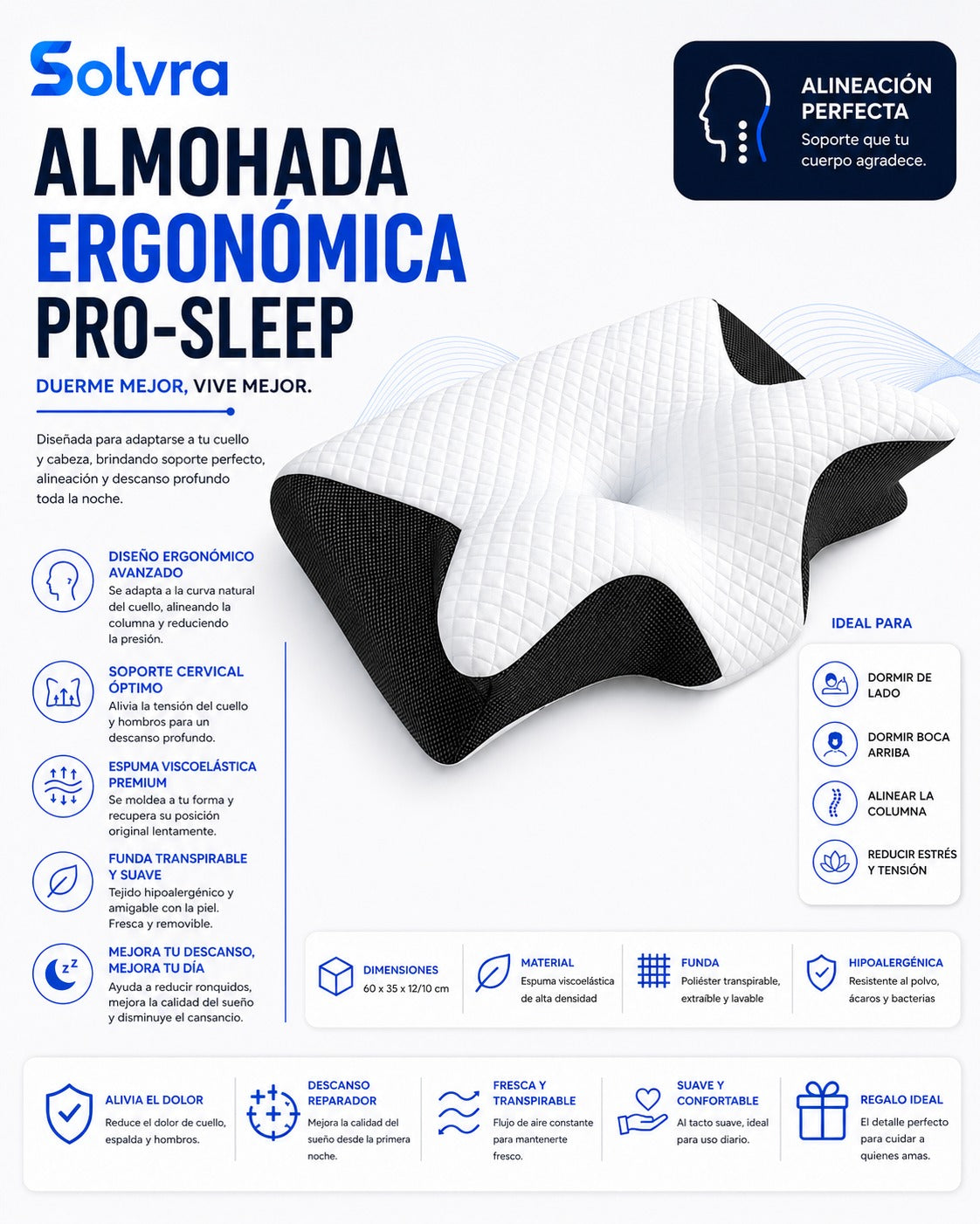 Almohada Ergonómica Premium – Descanso Profundo y Soporte Cervical Perfecto