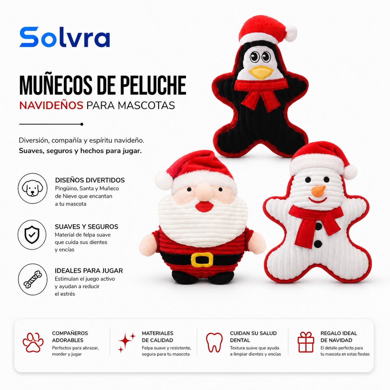 Juguete Navideño para Mascotas – Peluche Mordedor Santa, Pingüino y Muñeco de Nieve