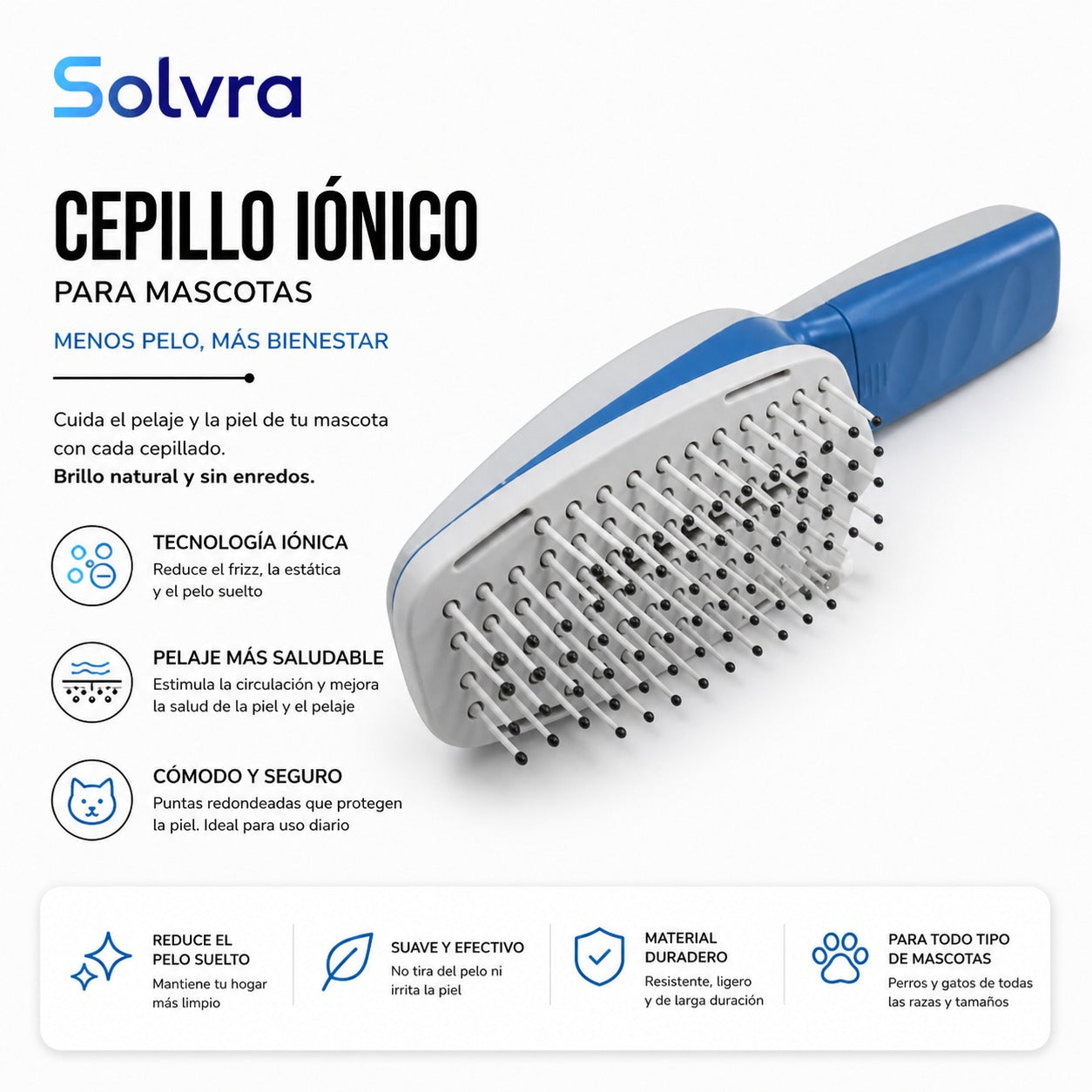 Cepillo para Mascotas con Tecnología Iónica – Desenreda, Limpia y Reduce el Frizz