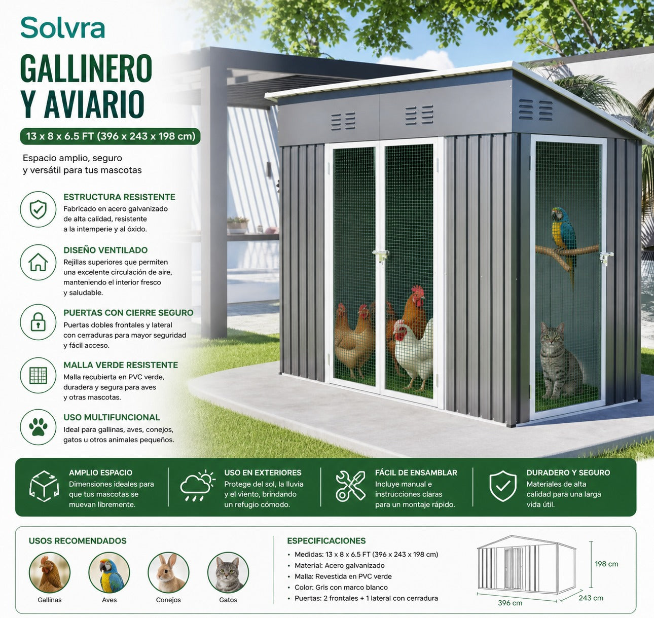 Gallinero y Corral Metálico 13x8x6.5 FT – Espacio Amplio y Seguro para Mascotas