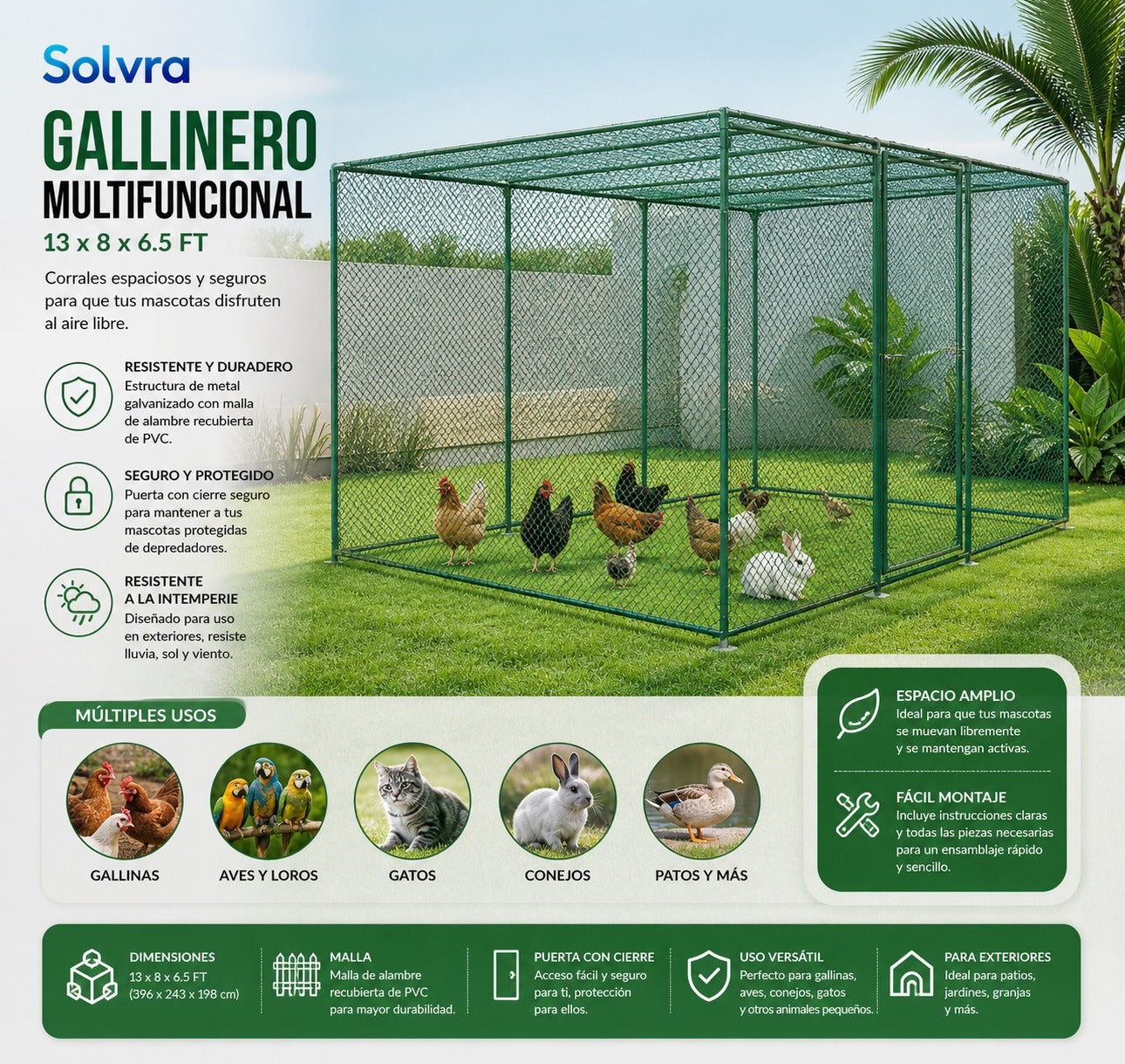 Gallinero Grande 13x8x6.5 FT – Corral Metálico Exterior Multiuso con Malla Verde