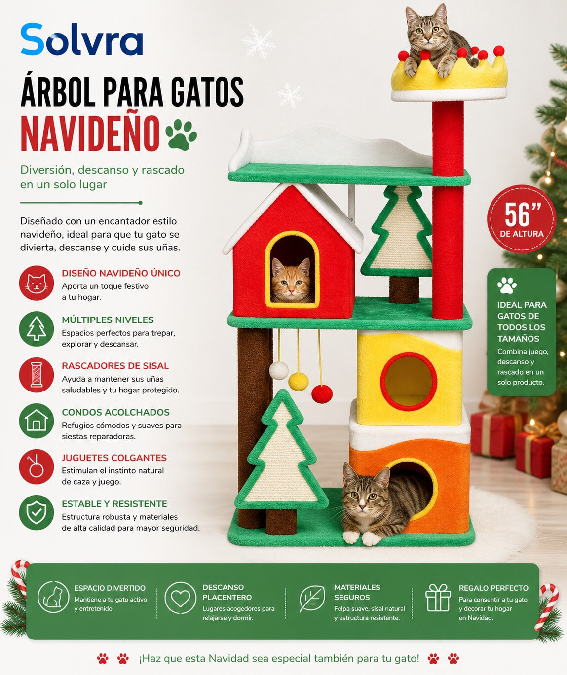 Rascador para Gatos Navideño 56” – Torre Multinivel con Casas, Plataforma y Área de Juego