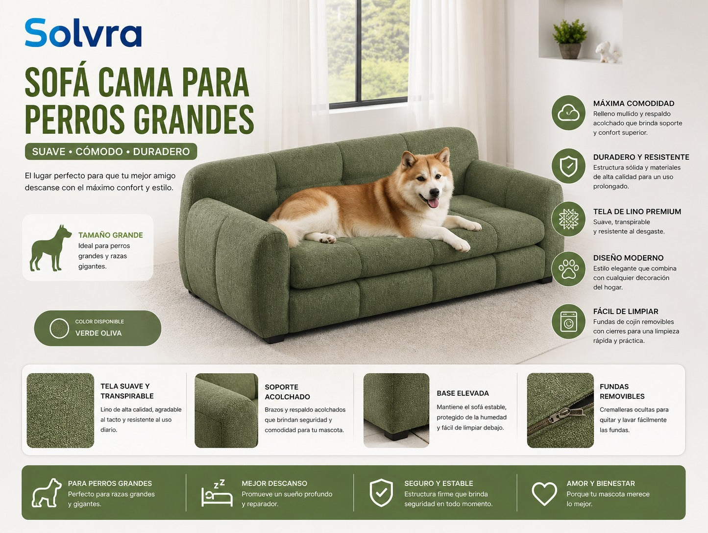 Sofá Cama para Perros Grandes – Elevado, Cómodo y Elegante (Verde Oliva)