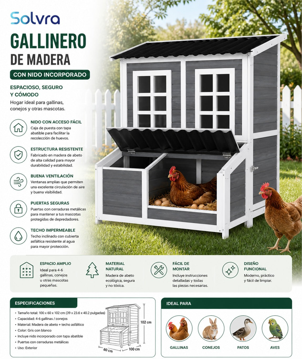 Gallinero de Madera con Caja de Anidación – Casa para 4-6 Gallinas o Conejos (39”)