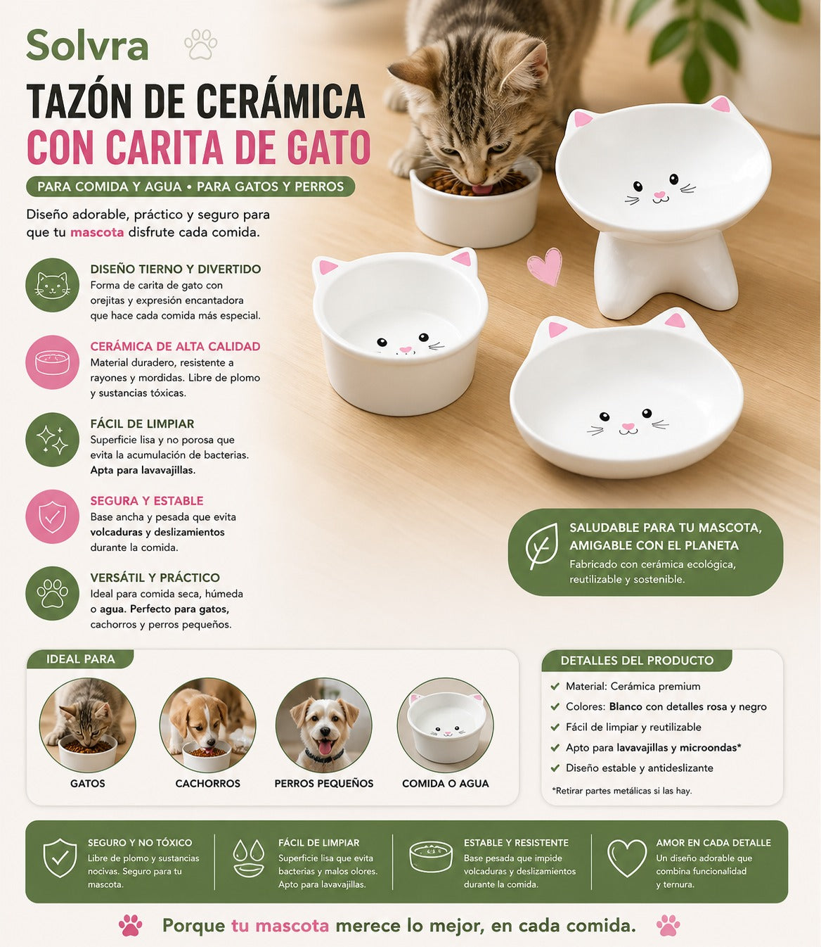 Plato de Cerámica para Mascotas con Diseño de Carita – Elegante, Higiénico y Fácil de Limpiar