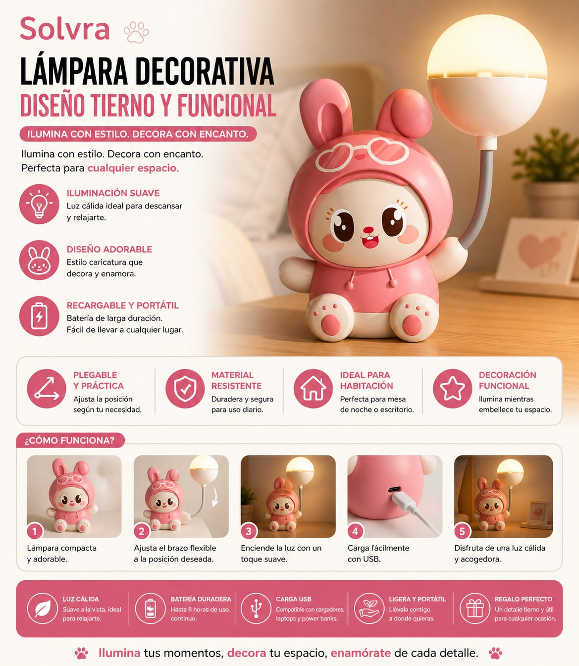 Lámpara de Mesa para Mascotas Diseño Cartoon – Plegable, Recargable USB y Súper Adorable
